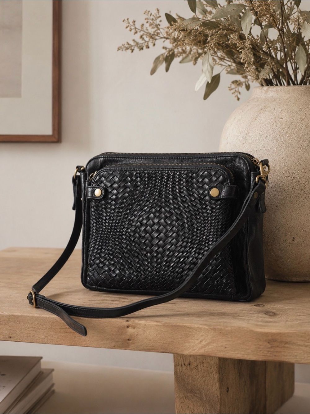 Milo Sheila Woven Leather Crossbody Bag Black Multi-Pocket Organizer Purse